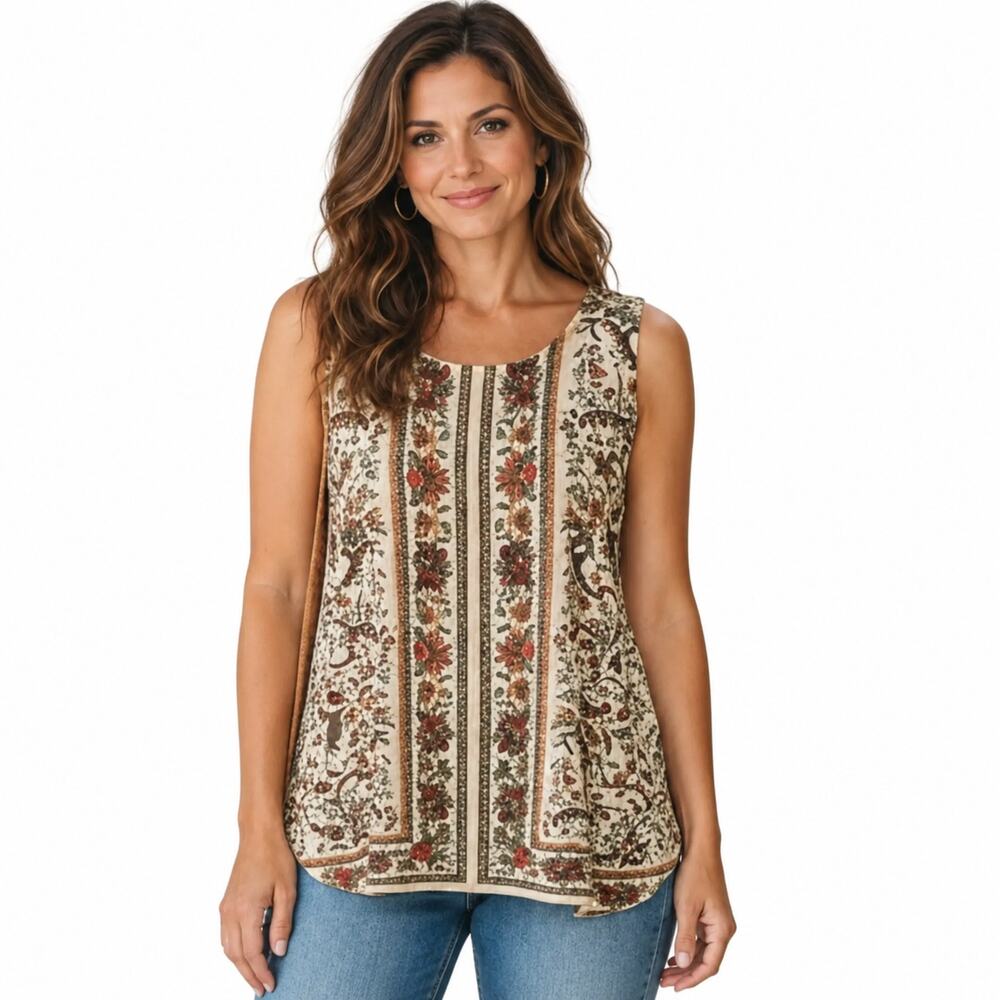 Max Studio Victorian Flowing Tank Womens Large Cream Floral Scarf Sleeveless Top